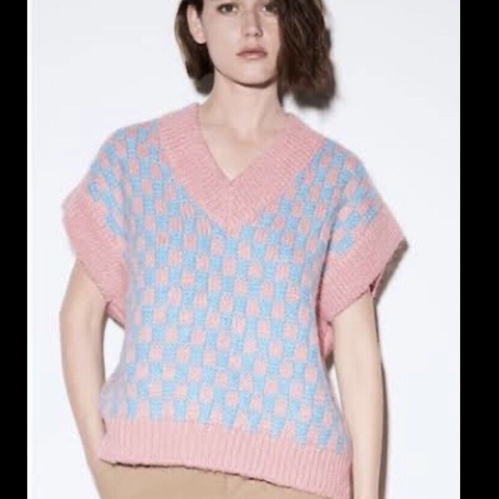 Pink and Blue printed knit Sweater Vest